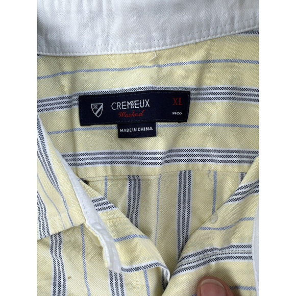Cremieux Washed 38 XL Button Up Shirt Yellow Cream Blue Striped Long Sleeve - Picture 4 of 6